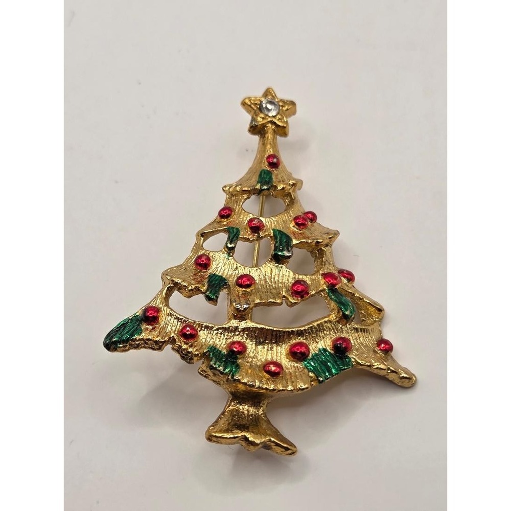 Vintage Gold Tone Christmas Tree Brooch Red Rhinestone Green Enamel Star Pin 2"